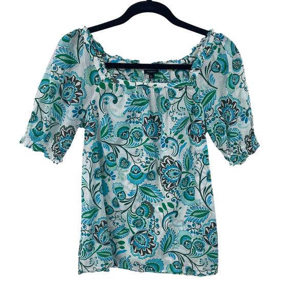 Talbots Short Sleeve Square Neck Blue Green Floral Print Top Womens Size XS - Picture 2 of 6